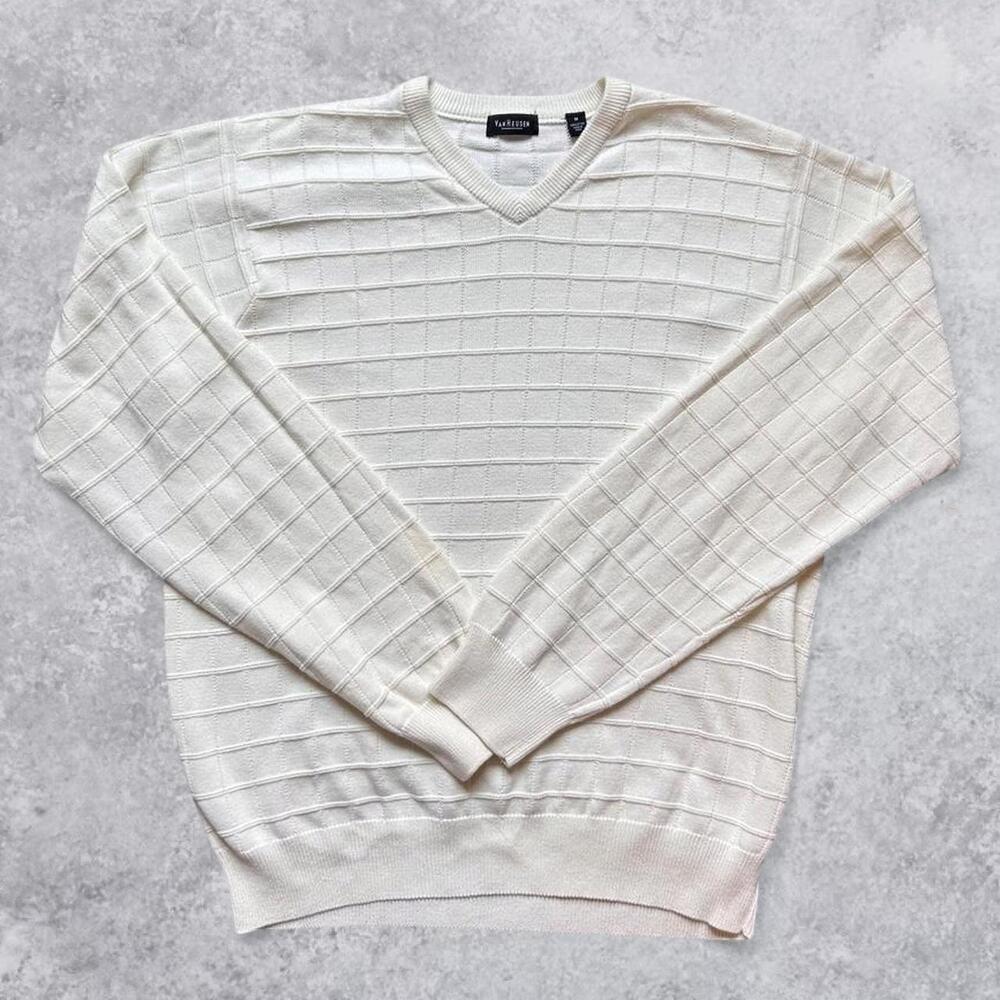 Van Heusen White Checkered Ribbed Knit V Neck Sweater - Size M